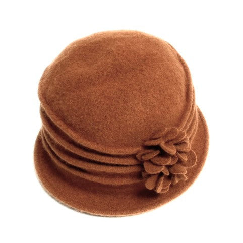 Shihreen Wool Cloche Hat with Pleats and Flower - Rust
