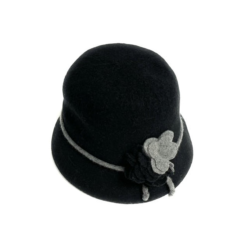 Shihreen Boiled Wool Cloche Hat With Flower Accent - Black