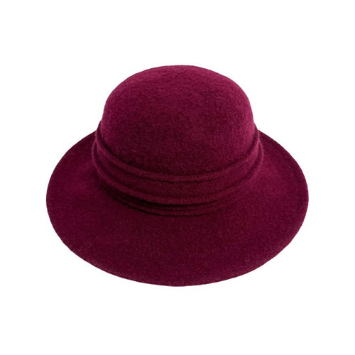 Shihreen Boiled Wool Brim Hat with Pleated Crown - Wine