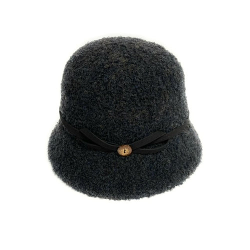 Shihreen Boucle Wool Cloche with Bow Accent - Black