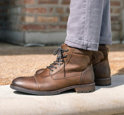 Men's Florsheim Lodge Cap Toe Boot in Brown Crazy Horse