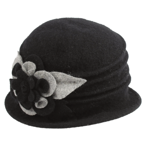 Jeanne Simmons Accessories Boiled Wool Pleated Hat With Flower - Black
