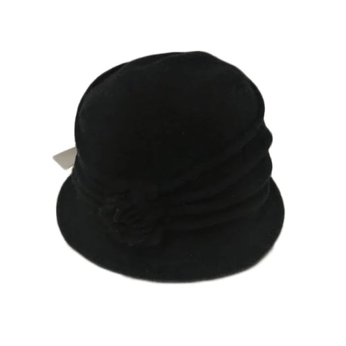 Shihreen Wool Cloche Hat with Pleats and Flower - Black