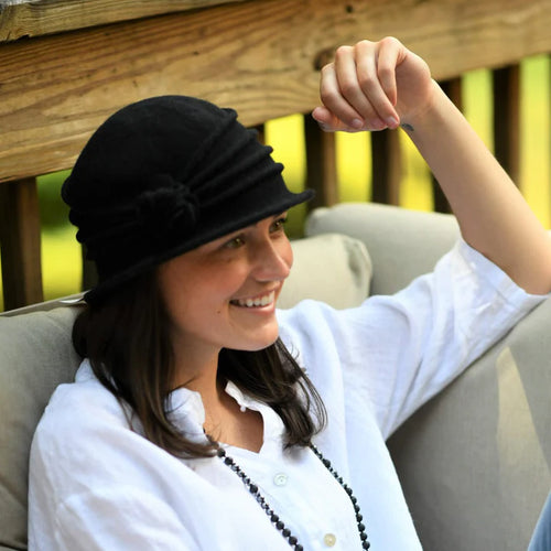 Shihreen Wool Cloche Hat with Pleats and Flower - Black
