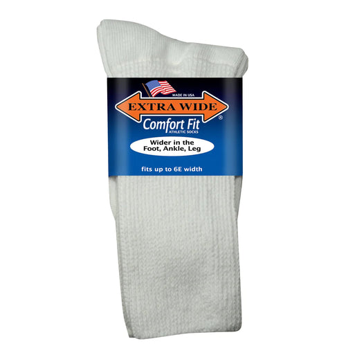 Extra Wide Comfort Fit Athletic Crew Socks - White