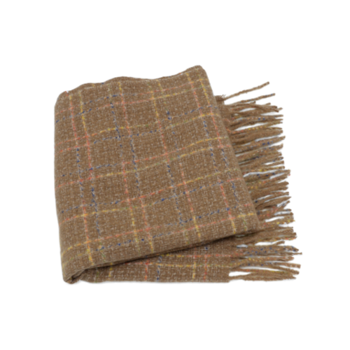 Joy Susan Multi Check Plaid Fringe Scarf - Camel