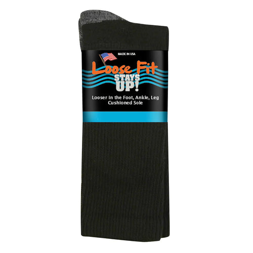 Extra Wide Loose Fit Stays Up Cotton Casual Crew Socks - Black