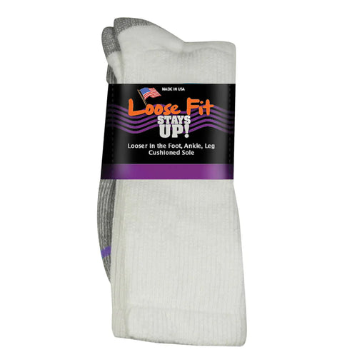 Extra Wide Loose Fit Stays Up Cotton Casual Crew Socks - White