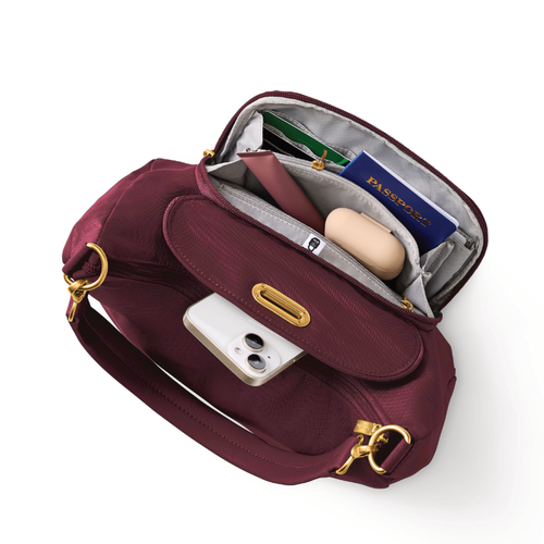 Baggallini Coastal Flip Lock Half Moon Bag - Jam with Gold Hardware