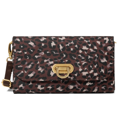 Baggallini Coastal Flip Lock RFID Phone Wallet Crossbody - Ganache Cheetah with Gold Hardware