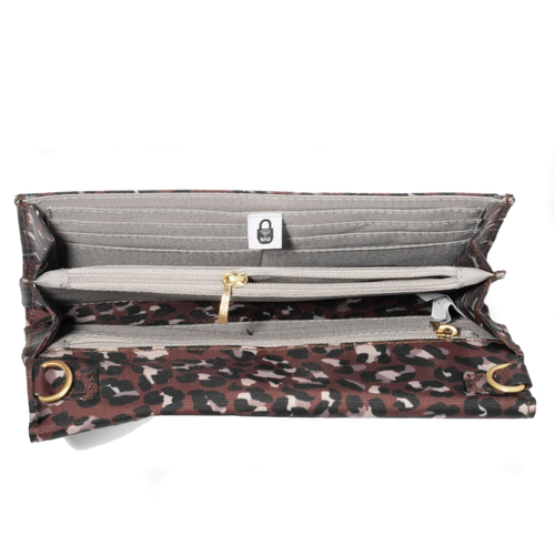 Baggallini Coastal Flip Lock RFID Phone Wallet Crossbody - Ganache Cheetah with Gold Hardware