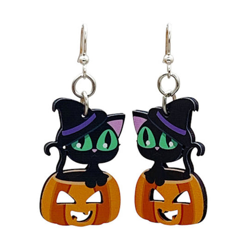 Green Tree Jewelry Cute Halloween Cat Earrings