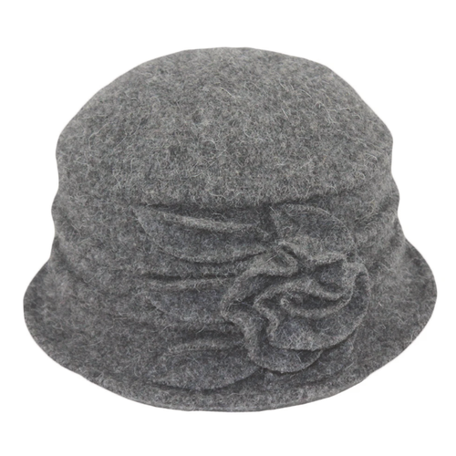 Jeanne Simmons Accessories Boiled Wool Pleated Cloche - Gray With Gray Flower