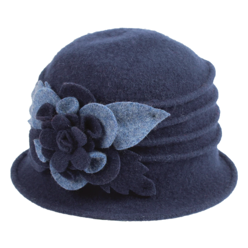 Jeanne Simmons Boiled Wool Pleated Hat With Flower - Navy