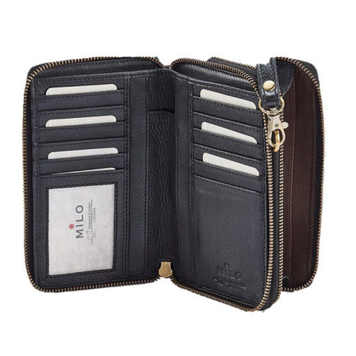Milo Genuine Leather Ella Cell Phone Double Zip Wallet - Black