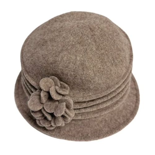 Shihreen Lyla Wool Cloche Hat with Pleats and Flower - Taupe