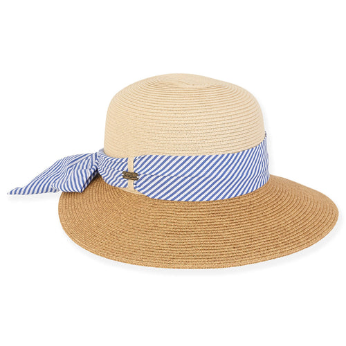 Sun 'N' Sand Villa Paper Straw Tapered Brim Hat - Tan With Blue Band