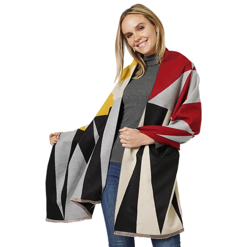 Elegant Essence Pashmina Scarf - Black/Grey/Red Geo Pattern