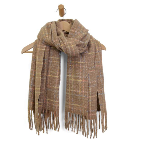 Joy Susan Multi Check Plaid Fringe Scarf - Camel